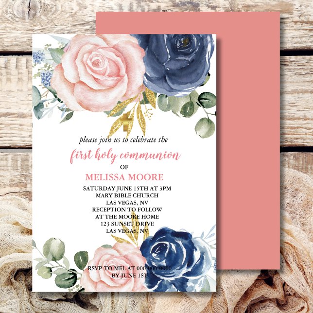First Holy Communion Floral Navy Blue Pink Invitation (Creator Uploaded)