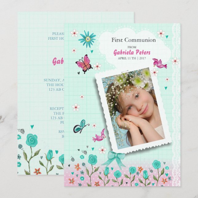 First Holy Communion Floral | Photo Invitations (Front/Back)
