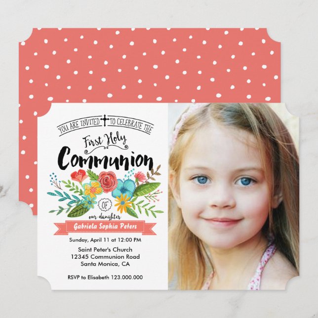 First Holy Communion Floral | Photo Invitations (Front/Back)