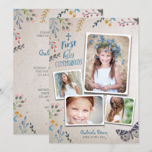First Holy Communion Floral   Photo Invitations