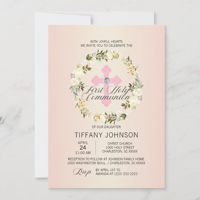 First Holy Communion Floral Pink Cross GIRL + POEM Invitation (Front)