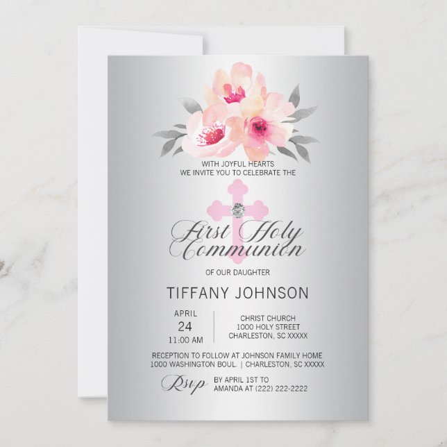 First Holy Communion Floral Pink Cross GIRL + POEM Invitation (Front)