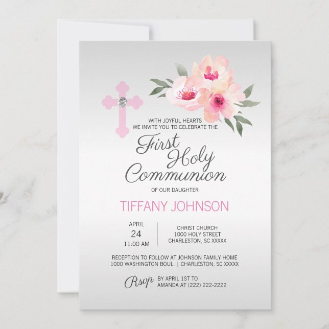 First Holy Communion Floral Pink Cross GIRL + POEM Invitation (Front)
