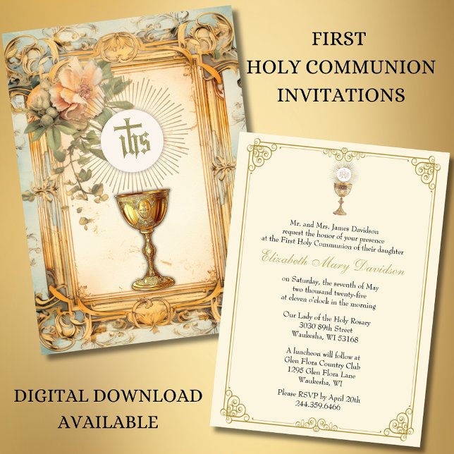  First Holy Communion Floral  Vintage  Invitation (Creator Uploaded)