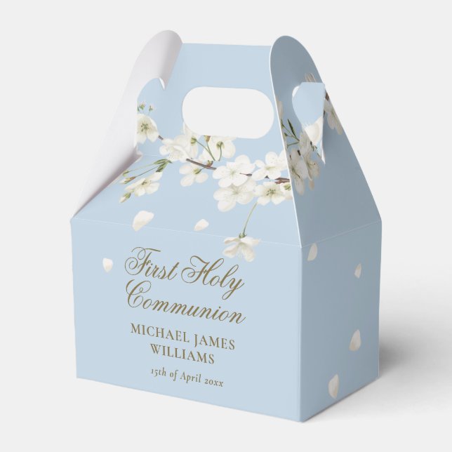 First Holy Communion Floral White Blossom Blue Favour Box (Front Side)