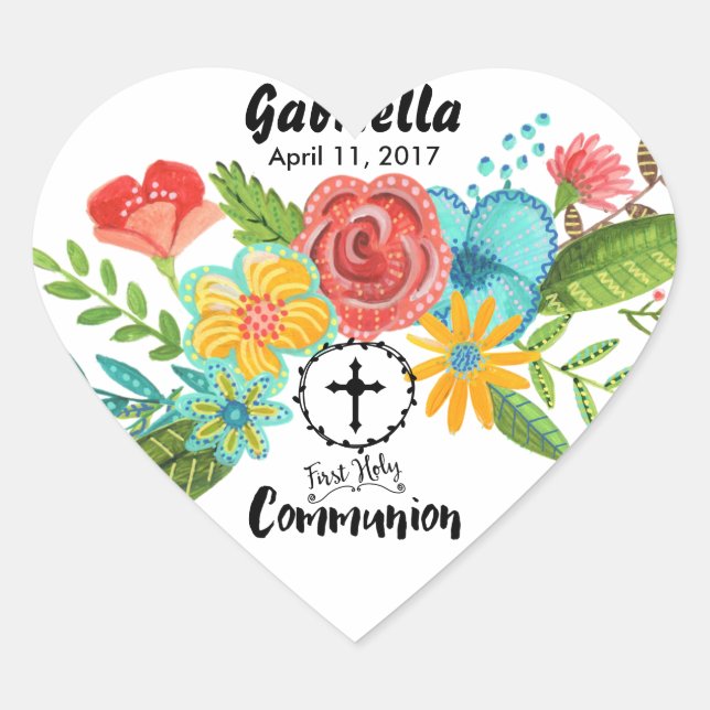 First Holy Communion Flower | Heart Sticker (Front)