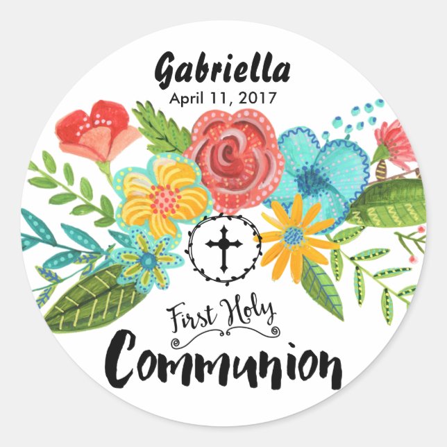 First Holy Communion Flower | Round Sticker (Front)