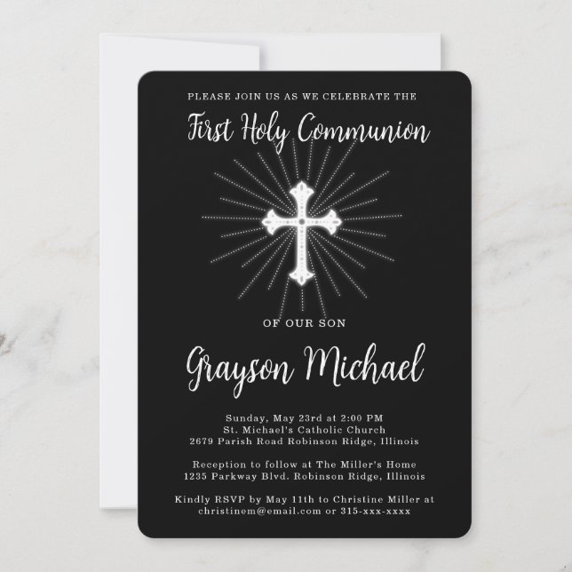 First Holy Communion for Son Black White Cross Invitation (Front)