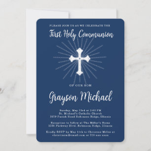 First Holy Communion for Son Navy Blue Cross Invitation