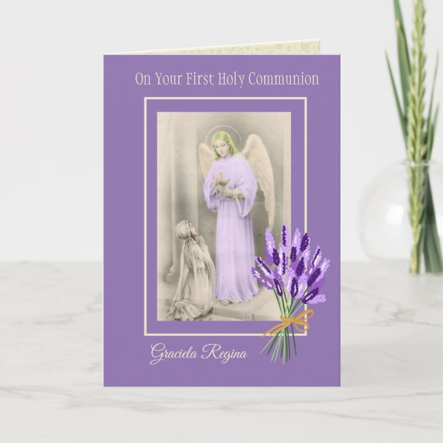 First Holy Communion Girl Angel Lavender Flowers Card (Front)