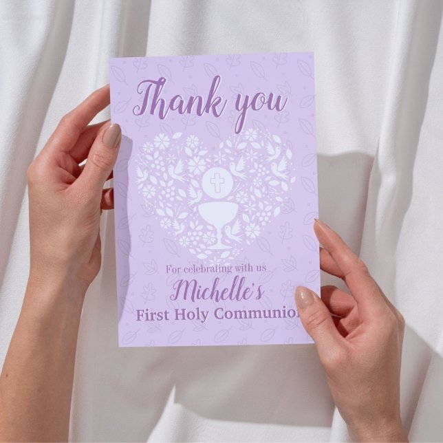 First Holy Communion Girl Flat Thank You Card (Get this sweet personalized design for First Holy Communion Thank You Card for a Catholic girl)
