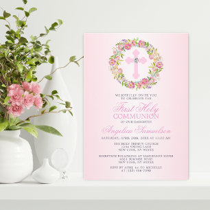 First Holy Communion Girl Floral Cross  Invitation