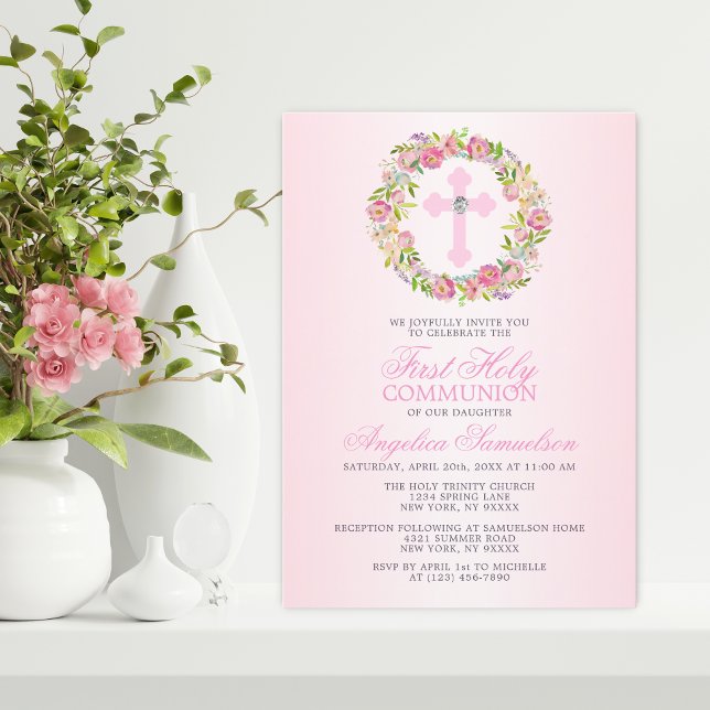 First Holy Communion Girl Floral Cross  Invitation (Creator Uploaded)