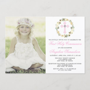 First Holy Communion Girl Floral Cross PHOTO Invitation