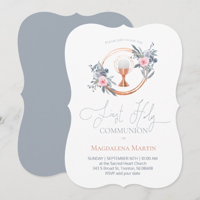 First Holy Communion girl floral decor Invitation (Front/Back)