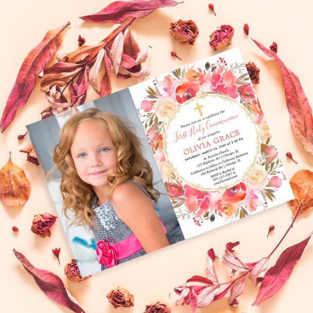 First Holy Communion Girl Floral pink colour photo Invitation (Creator Uploaded)