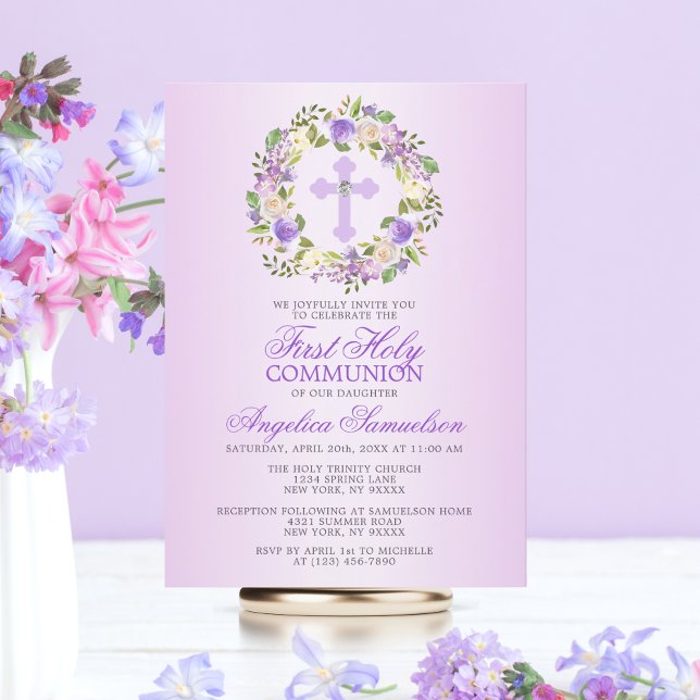 First Holy Communion Girl Floral Purple Lavender Invitation (Creator Uploaded)