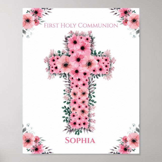 First Holy Communion Girl Pink Flower Cross Chic Poster (Front)