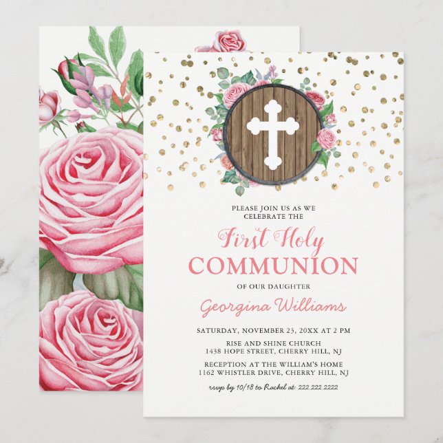 First Holy Communion Girl Religious Cross Invitation (Front/Back)