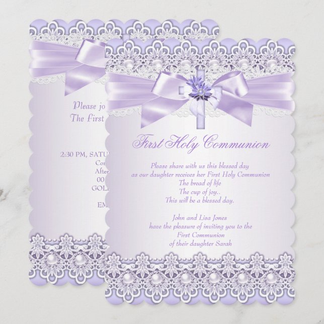 First Holy Communion Girls Cross Lavender Purple 2 Invitation (Front/Back)