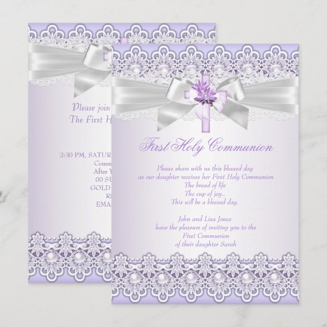 First Holy Communion Girls Cross Lavender Purple Invitation (Front/Back)