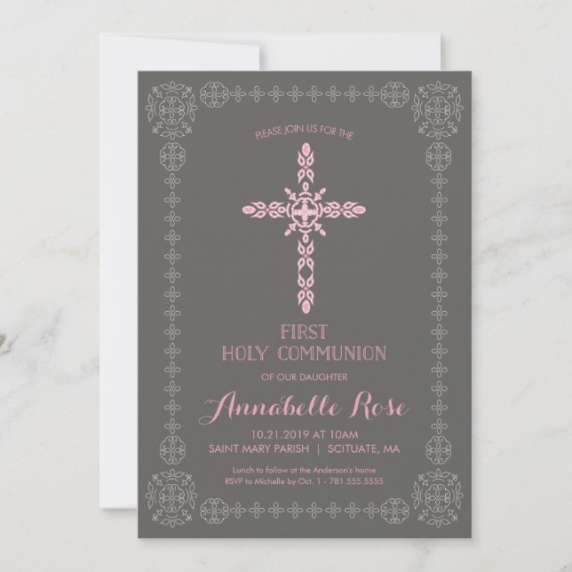 First Holy Communion Girls Invitation w/ Cross (Front)