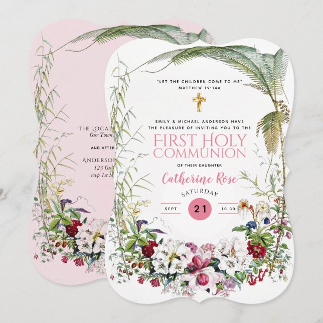 First Holy Communion Girls Pink Floral Invitations (Front/Back)
