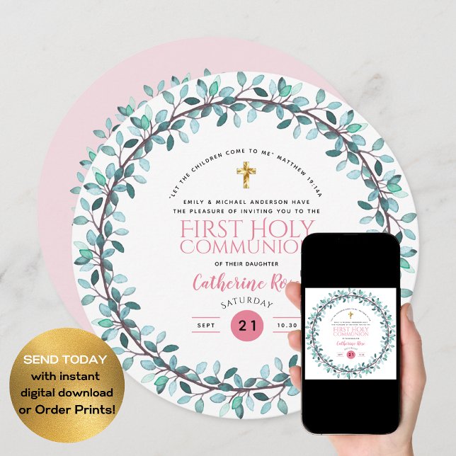 First Holy Communion Girls Pink Floral Invitations (Creator Uploaded)