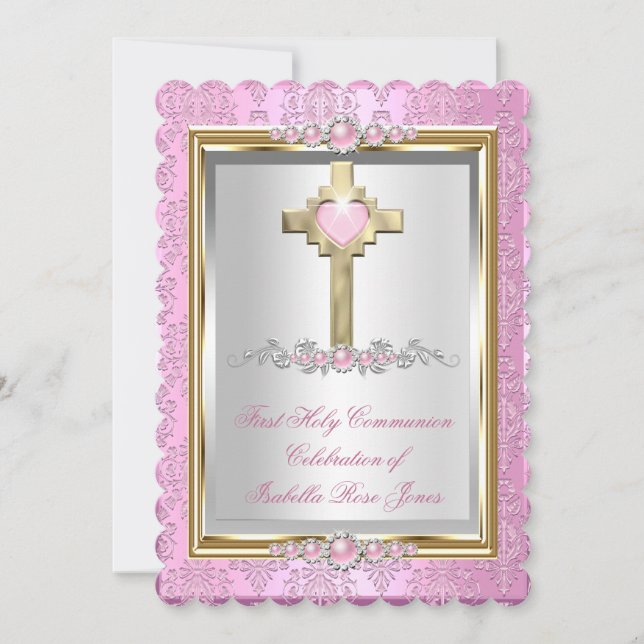 First Holy Communion Girls Pink Pearl Damask Invitation (Front)