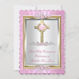 First Holy Communion Girls Pink Pearl Damask Invitation
