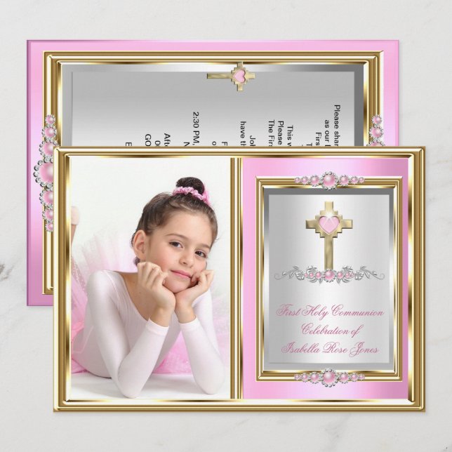 First Holy Communion Girls Pink Pearl Photo Invitation (Front/Back)
