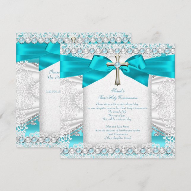 First Holy Communion Girls Teal Blue Pearl White Invitation (Front/Back)
