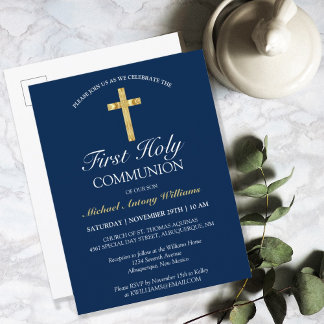 First Holy Communion Gold Cross Blue Invitation Postcard