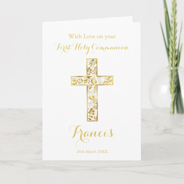 First Holy Communion gold cross boys name   Card (Front)