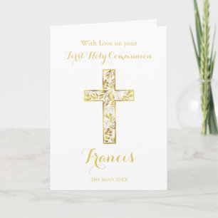 First Holy Communion gold cross boys name Card