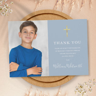 First Holy Communion Gold Cross Dusty Blue Photo  Thank You Card