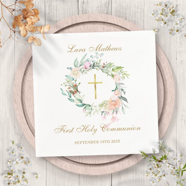 First Holy Communion Gold Cross Floral Garland  Napkin (First Holy Communion Gold Cross Floral Garland Napkins)