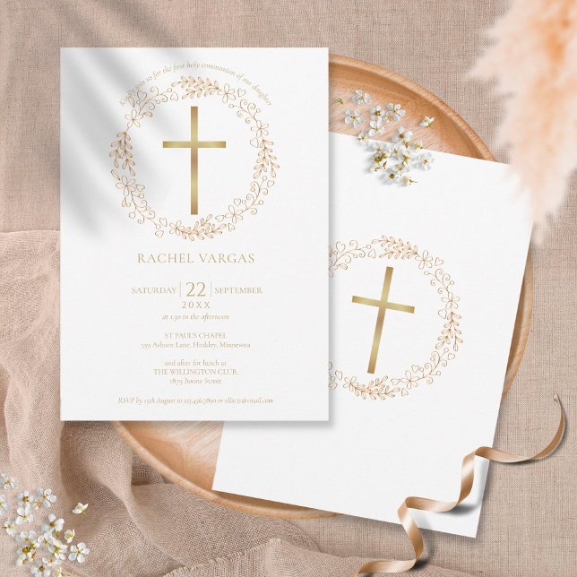 First Holy Communion Gold Cross Floral Invitation (Creator Uploaded)