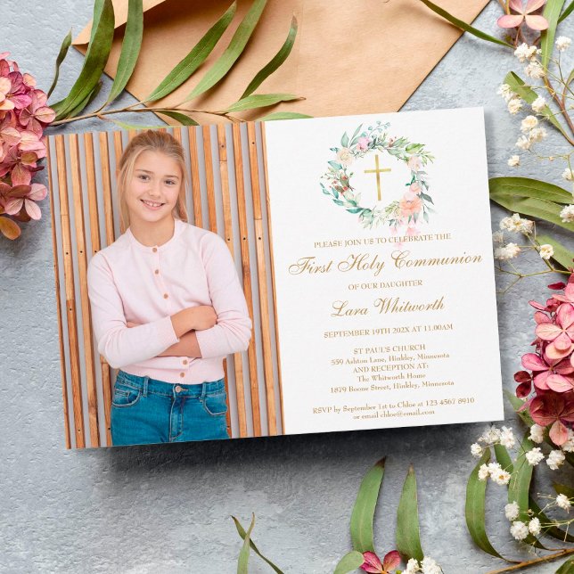 First Holy Communion Gold Cross Floral Photo Invitation (Creator Uploaded)