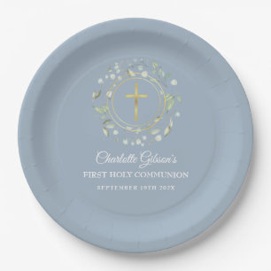 First Holy Communion Gold Cross Greenery Blue Paper Plate
