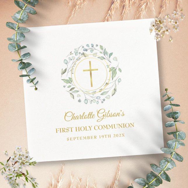 First Holy Communion Gold Cross Greenery Napkin (First Holy Communion Gold Cross Greenery Napkins)
