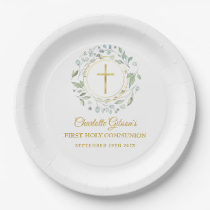 First Holy Communion Gold Cross Greenery Paper Plate