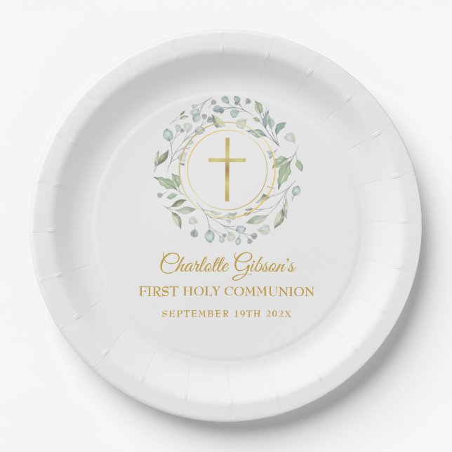 First Holy Communion Gold Cross Greenery Paper Plate (Front)