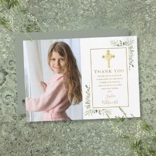 First Holy Communion Gold Cross Greenery Photo Thank You Card