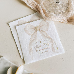 First Holy Communion Gold Cross Ivory Bow Napkin