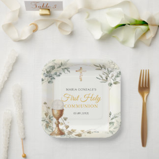 First Holy Communion Gold Cross Paper Plate