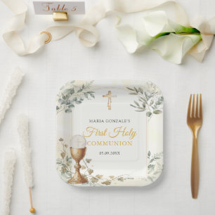 First Holy Communion Gold Cross Paper Plate