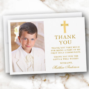 First Holy Communion Gold Cross Photo Thank You Card