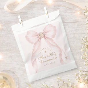 First Holy Communion Gold Cross Pink Bow Favour Bags