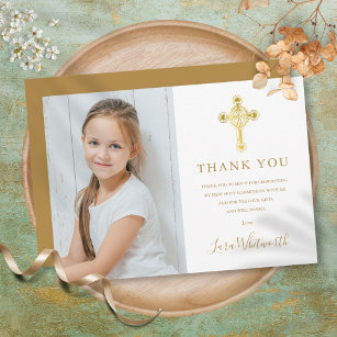 First Holy Communion Gold Cross Signature Photo  Thank You Card